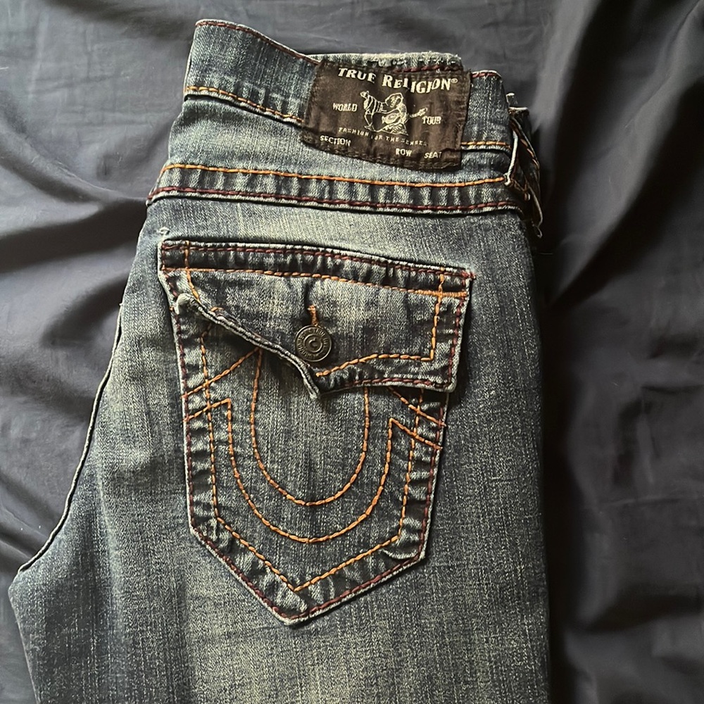 Peanut butter stitching blue jeans